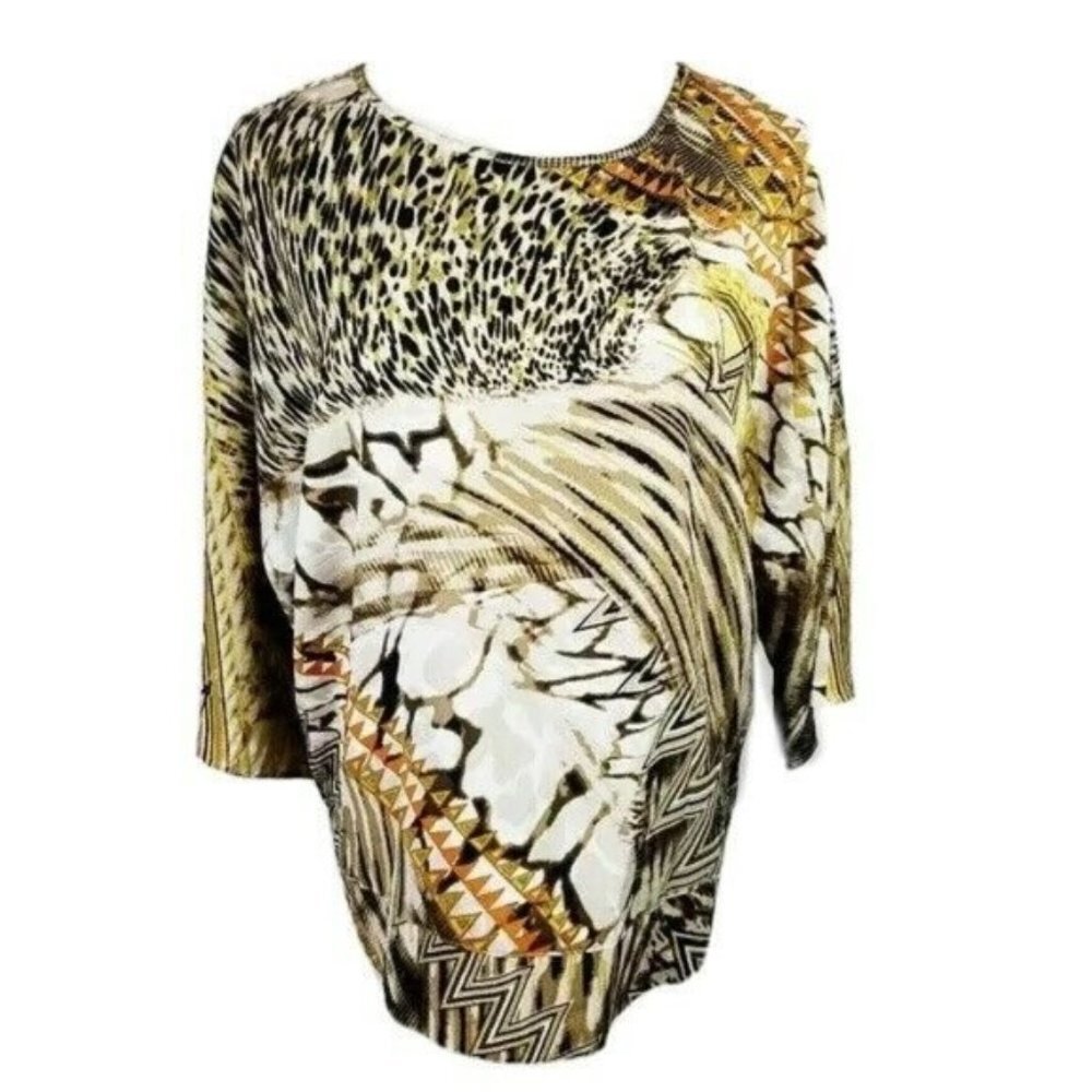 Chico's Cheetah Dolman Sleeve Blouse Women's M‎ Banded Hem Abstract Animal Print